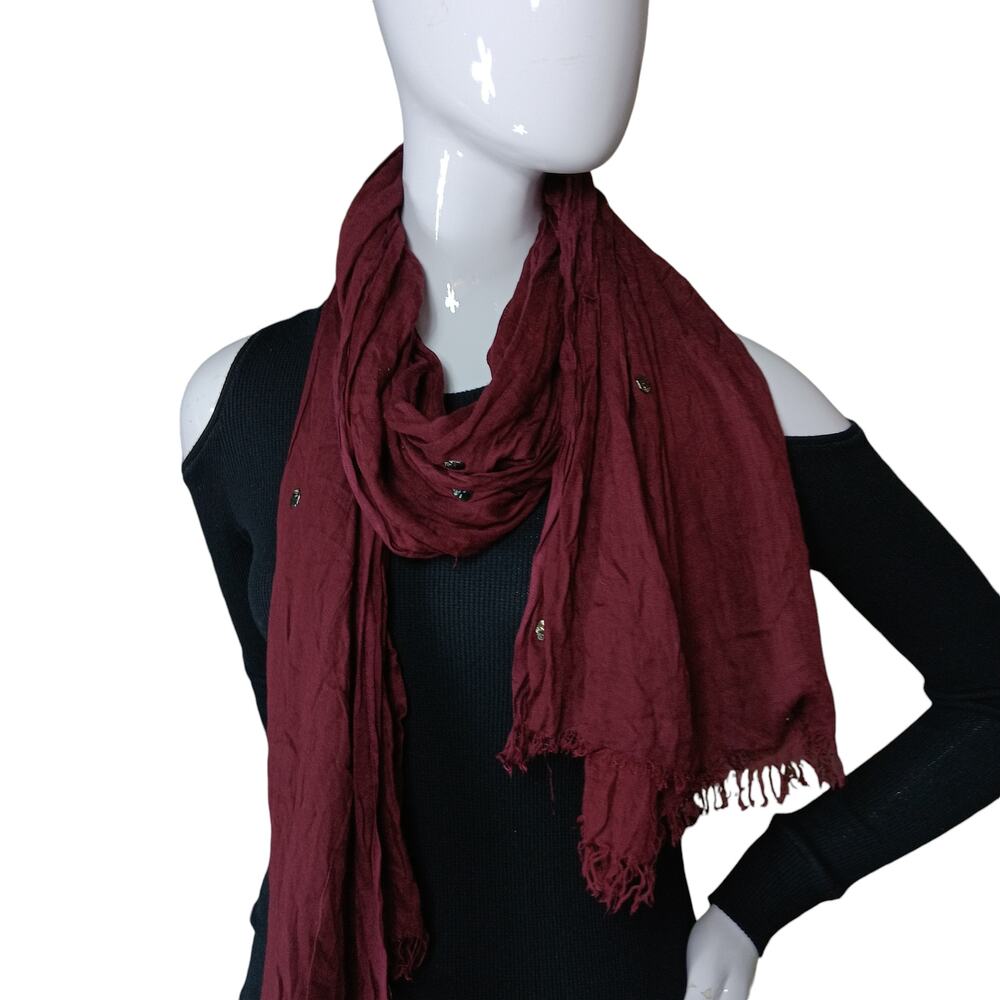 Burgundy Scarf with Tiny Metal Skulls Allover 28" x 70" Excellent for Halloween